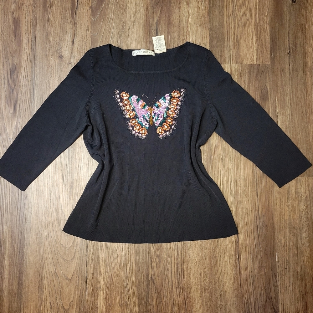 1990s Vintage Lucia Burns Beaded Sequin Butterfly Top - Picture 5 of 9